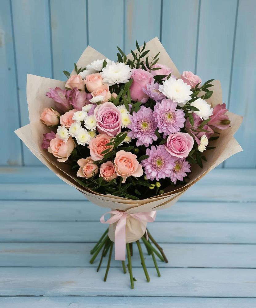 Букет цветов из: Хризантемы, Розы и Альстромерии в Старожилово