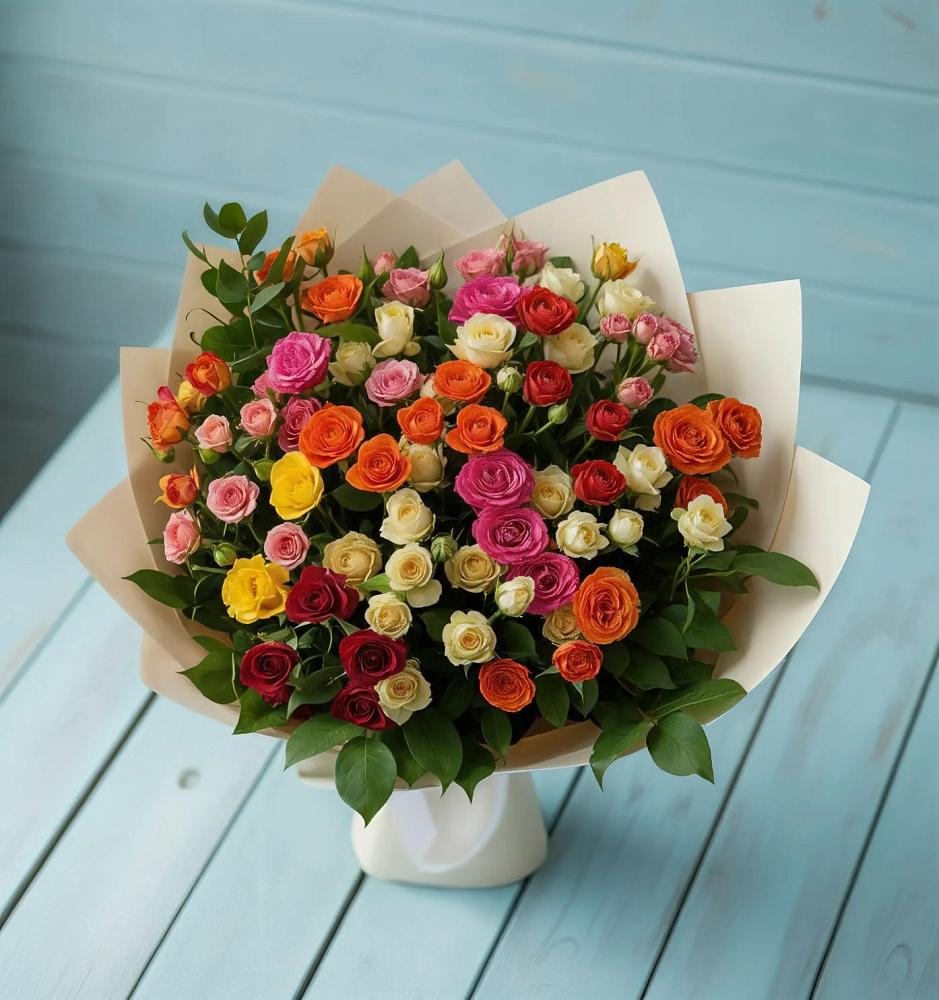 Букет Микс из разноцветных кустовых роз в Старожилово